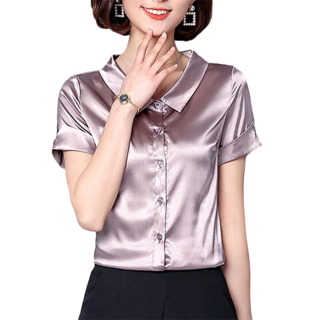 Camisa con Botones para Mujer, Manga Corta, Cuello en V, Blusa de Negocios para el Camisas de Seda Satinada Khaki M