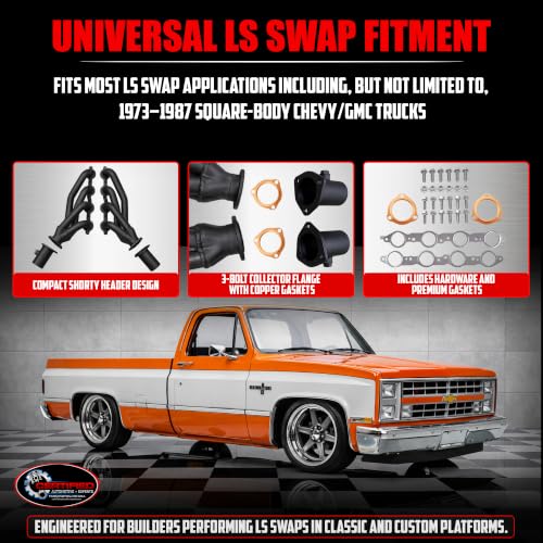 Image of LS Swap Black Thermal Coated Shorty Headers Block Hugger Tight Tuck Compact Exhaust Headers with MLS and Copper Gaskets 2.5 Inch Collectors Fits 5.3 6.0 LS1 LS2 LS3 S10 C10 K10