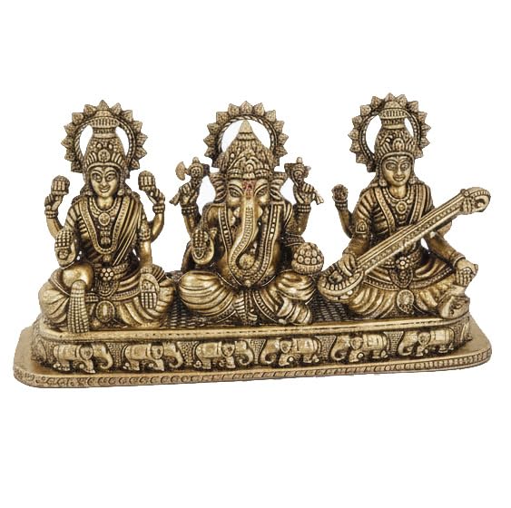 Estatua tradicional de Lakshmi Ganesh Saraswati en latón con acabado antiguo
