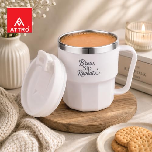 Image of ATTRO Sipzo Double Wall Inner Steel Coffee Mug, 350ml, Microwave Safe, Stainless Steel Inner, BPA Free Food Grade Outer, Leakproof Lid with Dust Cover, Wide Mouth, Office & Travel Mug-White