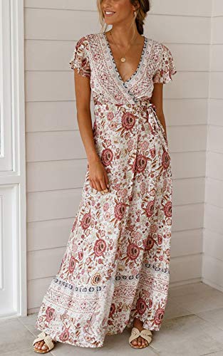 Image of R.Vivimos Women's Summer Short Sleeve Floral Print Bohemian Beach Waist Tie Wrap Long Flowy Dress with Slit
