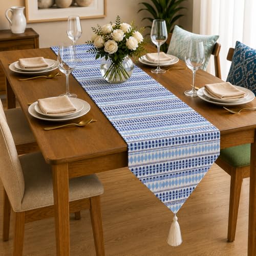 Image of STITCHNEST Woven Table Runner 13x60 Inches | Blue Geometric Design | Tassel Finish | Modern Dining Table Decor