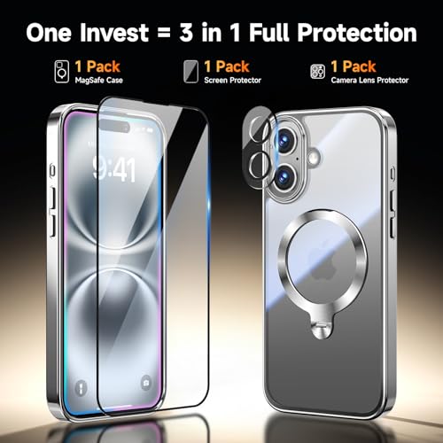 Coque iPhone 16 MagSafe antichoc transparente protection écran objectif support 360