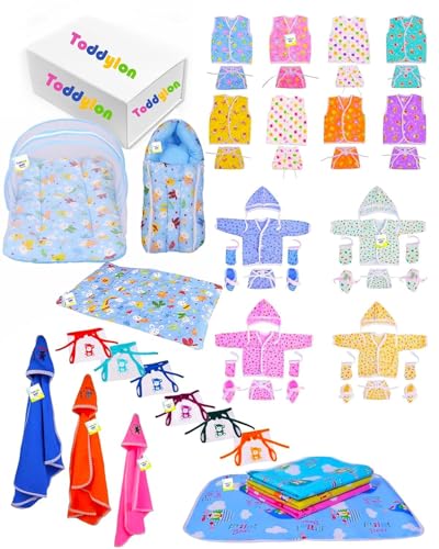 Image of Toddylon New Born Baby Essentials Kit 56 Combo Set (0-6 Months) | Newborn Hospital Bag Kit | Baby Combo Set for New Born | Infant Dress & Accessories Set | Ideal Gift for New Parents (Blue)