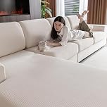 OHSIO Stretch Sofa Covers for Sectional Couch – Soft Washable Sofa Slipcovers 2 3 4 Seater, Pet-Friendly, Anti-Slip Furniture Protector(Ivory/Striped, 1 Chaise Cover)