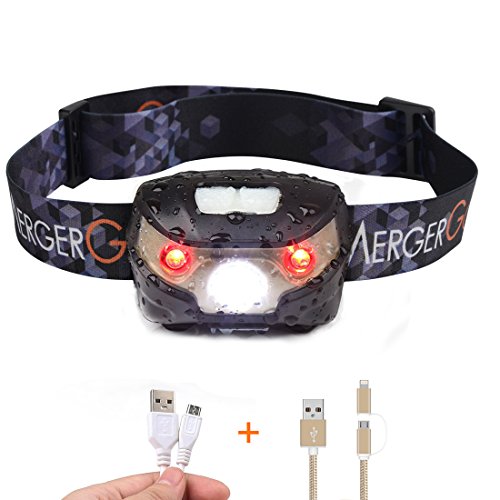 MergerGo USB Rechargeable LED Headlamp,Ultra Lightweight Comfortable Super Bright Waterproof,Perfect for Running,Camping,Hiking,Fishing,Bicycling (Black)
