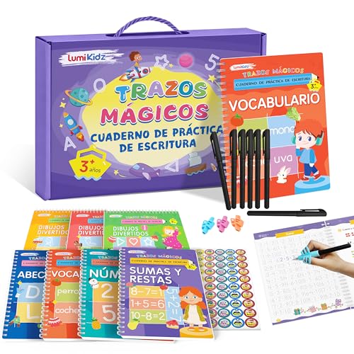 Spanish Magic Grooved Writing Practice for Kids, Reusable Grooved Handwriting Workbooks, Large Writing Practice Books, Kindergarten Workbooks Set (7 Books + Pens)