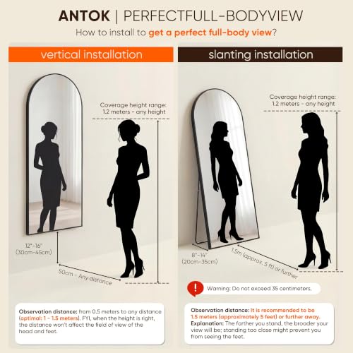 Image of Antok 58 inch x18 inch Arched Full Length Floor Mirror, Black Aluminum Frame, Free Standing /Wall Mount /Leaning for Bedroom, Living Room, Dressing Room
