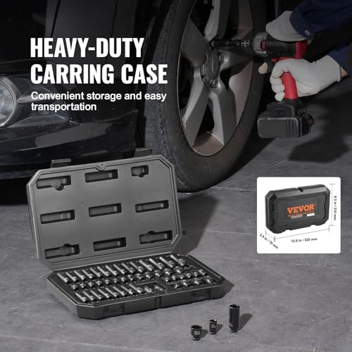 Image of VEVOR Drive Impact Socket Set 1 /4 inch - 48 Piece Deep & Shallow Socket Set SAE 3 /16 inch-9 /16 inch and Metric 4-15mm - 6 Point Cr-Mo Alloy Steel for Auto Repair - Easy-to-Read Size Markings Storage Case