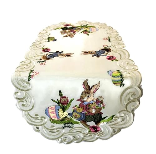 Doily Boutique Easter Table Runner with Easter Bunny and Eggs on Ivory Material Size 34 x 15 inches