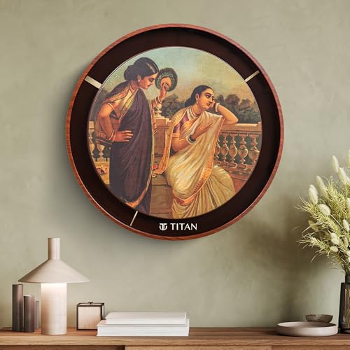 Image of Titan Raja Ravi Verma Series Damayanti Wall Clock with Embossed Dial & Silent Sweep, Model W0095PA01 | 31.7 cm x 31.7 cm x 4.7 cm