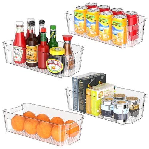 Image of Clear Fridge Organizer, Refrigerator Organizer Bins with Handle, Freezer, Kitchen Cabinet, Pantry Organization, BPA Free Fridge Organizers (12.4 inch 4 Pack)