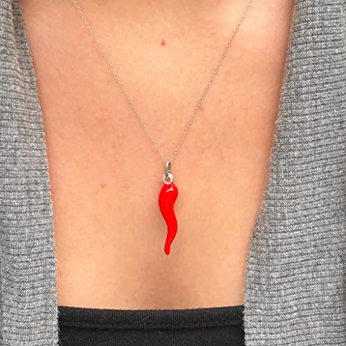 JewelryWeb Sterling Silver Enamel Italian Horn Pendant - 33mmx7mm - Red, Black, White - Good Luck Necklace for Women Teens3