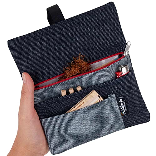 Blague à tabac en tissu Denim avec compartiments pour filtres, papier à rouler et briquet – Pochette pour sachet de tabac à rouler de 30-50 g (Fermeture rouge)