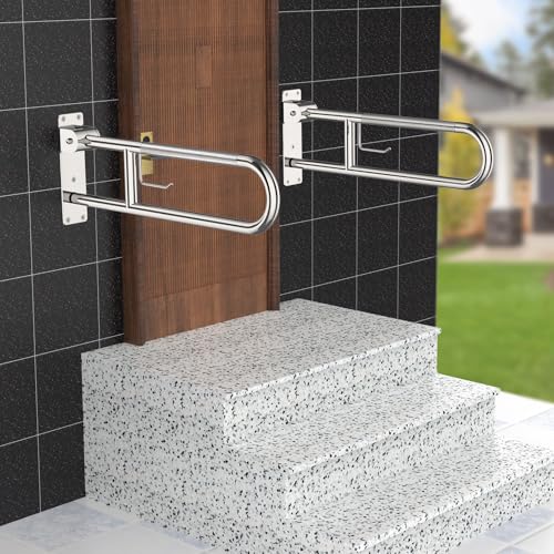 Image of Toilet Grab Bar 22.4 Inch Chrome, Munzong Anti-Slip Handicap Grab Bars with Paper Holder, Flip-Up Bathroom Safety Rails, Stainless Steel Knurled Support handrails for Seniors Elderly Disabled Pregnant