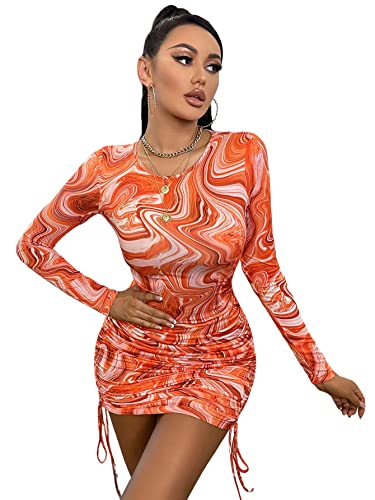 Floerns Women's Tie Dye Long Sleeve Drawstring Ruched Bodycon Mini Dress Orange S #TOP16