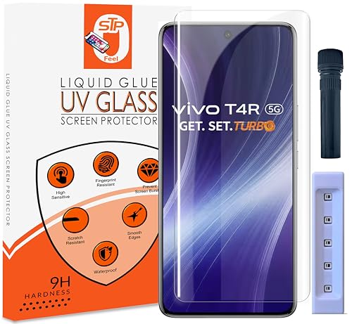 Image of UV Advanced Tempered Glass Screen Protector Guard Compatible For Vivo T4R 5G (6.77 Inch, Pack of 1) Full Adhesive UV Curved Case Friendly HD Clarity with easy installation kit