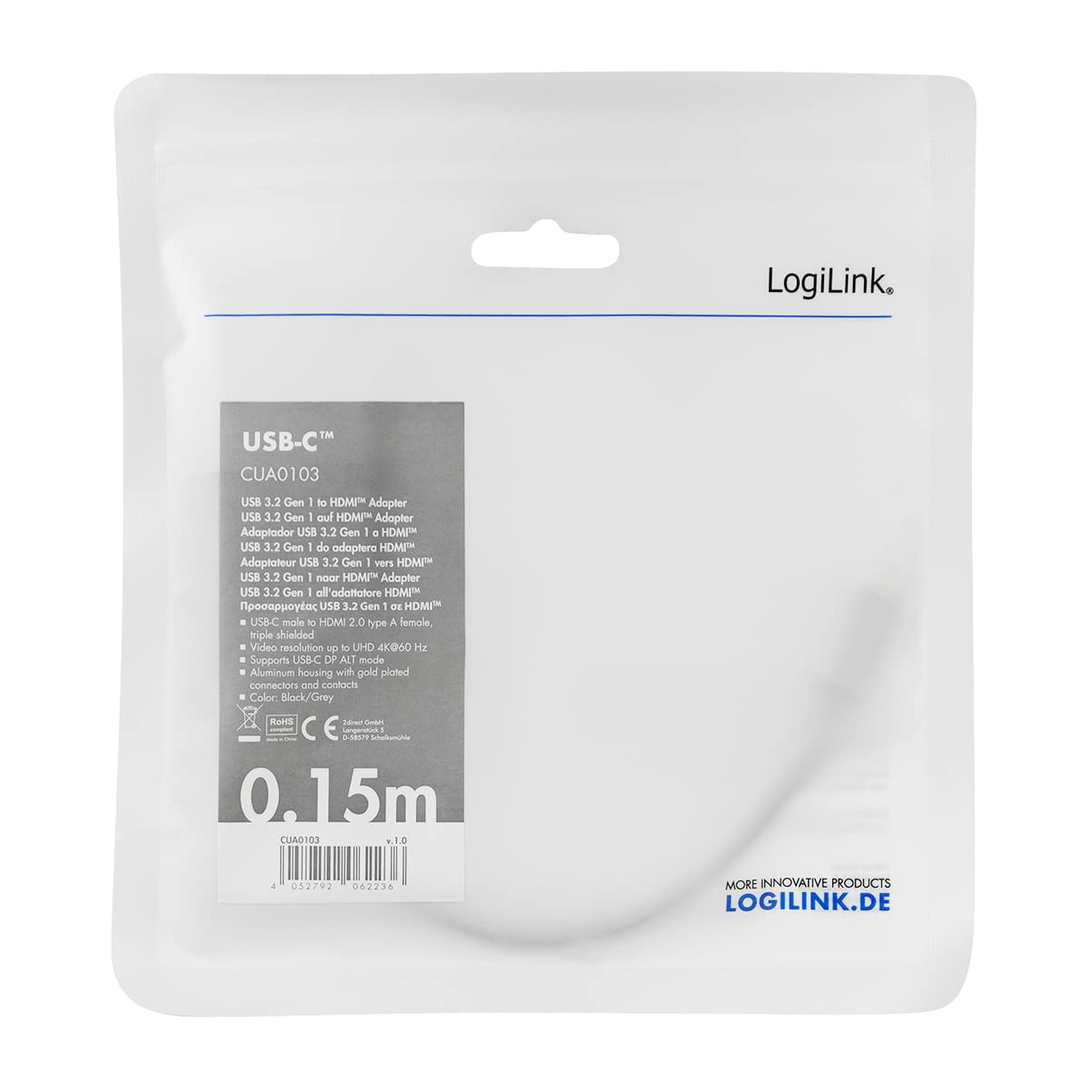 LogiLink CUA0103 - Cable Adaptador USB 3.2 Gen 1-HDMI 4K/60 Hz, Aluminio, Negro/Gris, 0,15 m