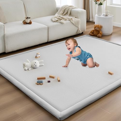 Image of Baby Play Mat for Floor Nursery Rug Muscle Area Rug Playroom Rug 50x50 inch Elastic Foam 1.3 inch Thick Crawling Mat for Babies,Toddlers, Infants,Kids(Plaid Light Grey)