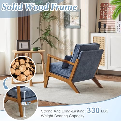 VINGLI Solid Wood Wide Armrests Accent Chair,Upholstered Mid Century Modern Chair with Pillow,Comfy Reading Chair Farmhouse Arm Chair,Chairs Living Room,Bedroom,Guest Room,Chenille Fabric,Dark Blue - Image 4