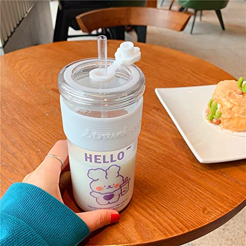 Kawaii Water Bottle Cartoon Bear Cute Water Bottles Milk Juice Coffee Glass Water Bottle With Straw, Portable Leakproof Water Cup For Girls Boys, Bpa Free, 15 Oz (Milk Tea Rabbit) #TOP1