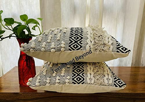 Image of Cushion - Boho Handloom Cotton Throw Cushion Covers Set of 5, 16X16 inches - Decorative Pillow Cases Sofa, Couch, Chair, Kitchen, Bedroom, Room,