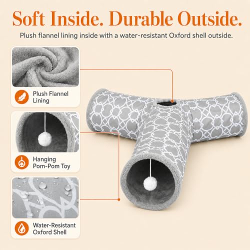 Image of Geometric 3 Way Cat Tunnel with Plush Inside,Cats Toys Collapsible Tunnel Tube with Balls, for Rabbits, Kittens, Ferrets,Puppy and Dogs