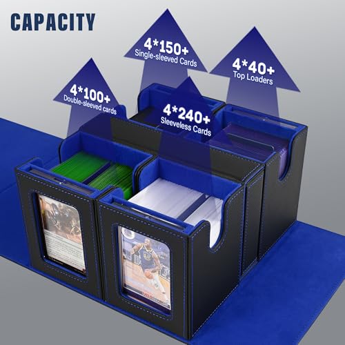 Image of Kabinka Card Deck Box for MTG Commander, Holds 400+ Double-Sleeved Cards, 5 IN 1 Detachable Card Case with Dice Tray, Fits Magic /TCG Cards, 4 Magnetic Card Holders & Dividers (Black Blue)