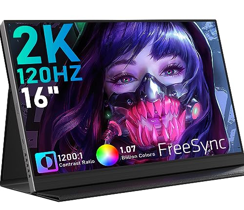 Image of HONGO 2K 120Hz Portable Gaming Monitor, 16 inch 2560x1600 QHD 16:10 Portable Monitor for Laptop with VESA & Cover, HDR External Second Screen for PC Phone Switch