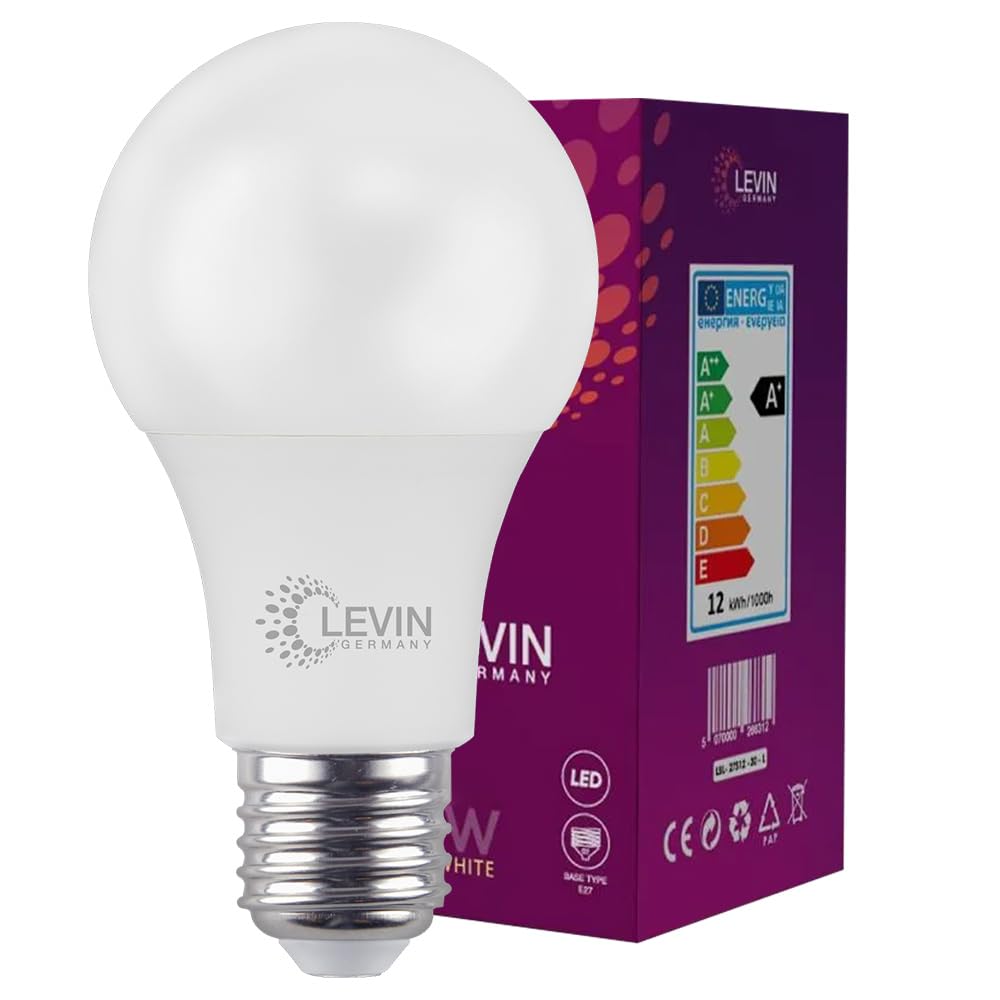 Levin7W LED Bulb, 6500K Daylight, E27 Base, A60 Shape, Flicker Free, Frosted, Non-Dimmable, High Efficiency Energy Saving A+ Lamps, 2 Year Warranty