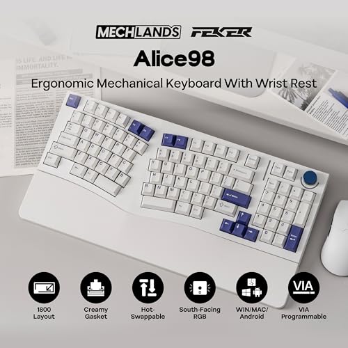 Image of MechLands Feker Alice98 Ergonomic 98 Keys Custom Mechanical Keyboard, VIA Programmable, USB-C Wired Gaming Keyboard, Hot Swappable, 5 Layer Paddings, Control Knob, NKRO, RGB for Win /Mac (White)