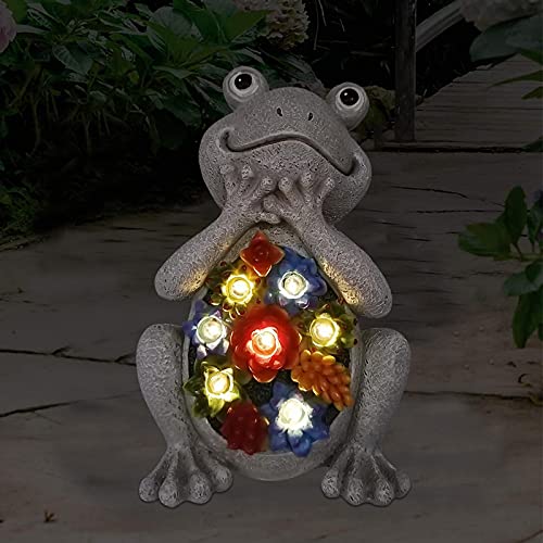 Goodeco Solar-Garten-Frosch-Statue, Outdoor-Ornament mit Sukkulenten und 7 LED-Lichtern, Heim-Rasen-Dekoration, Garten-Frosch-Figur für Terrasse, Balkon, Hof, einzigartiges Einweihungsgeschenk, 20 cm Cover