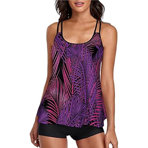 HANERDUN Women 2PCS Flowy Tankini Bathing Suits Tummy Control Swimsuits Two Piece Swimwear Tank Top with Padded Boyshorts Purple Cover
