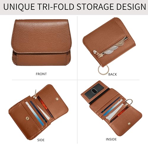 Image of Women Small Wallet RFID Blocking Slim Wallet with Coin Pocket Tri-Fold Credit Card Holder with ID Window and Keychain (Dark Brown)