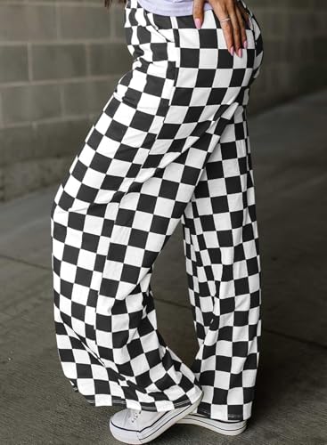 Acelitt Womens Casual Checkered Pants Elastic Waist Comfy Loose Wide Leg Pants with Pockets3