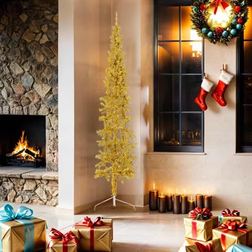 Vopese Meia árvore de Natal artificial com suporte dourado 180 cm sistema de montagem rápida, para decoração natalícia de festa em casa