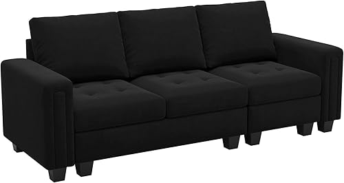 Miniatura 8 de Belffin Sofá modular de terciopelo de 3 plazas para sala de estar, color negro