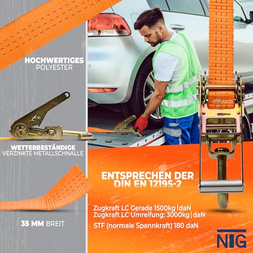 4 Stück Spanngurte zum Auto Transportzurrgurt | Nur EIN Zurrpunkt nötig | 35mm | Radsicherungsgurt | Zurrgurt | Autotransport | Reifengurt | NACH DIN EN 12195-2