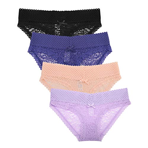 SPFASZEIV Bragas de Encaje Mujer Calzoncillos Sexy Ropa Interior Cómoda Calzoncillos de Tiro Bajo Lencería Braguitas Finas 4 Pack