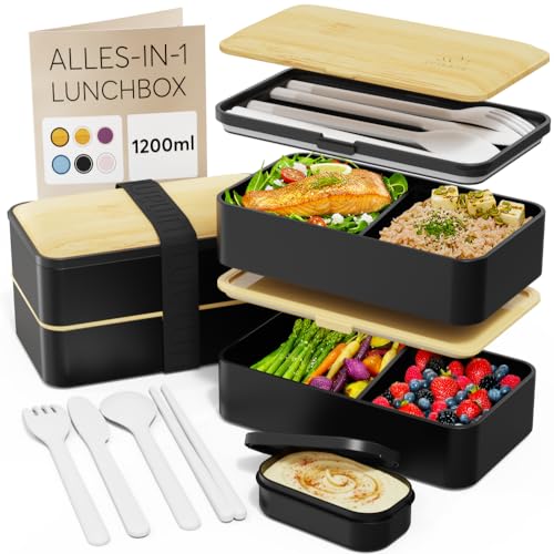 Umami Lunchbox Erwachsene, auslaufsicher, Bento Box Fächern & 4 Bestecke
