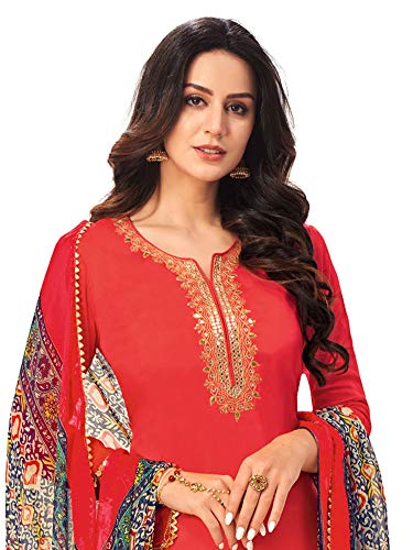 Image of AKHILAM Women's Chanderi Cotton Embroidered Unstitched Salwar Suit Material(Red 32DMK80 Parent)