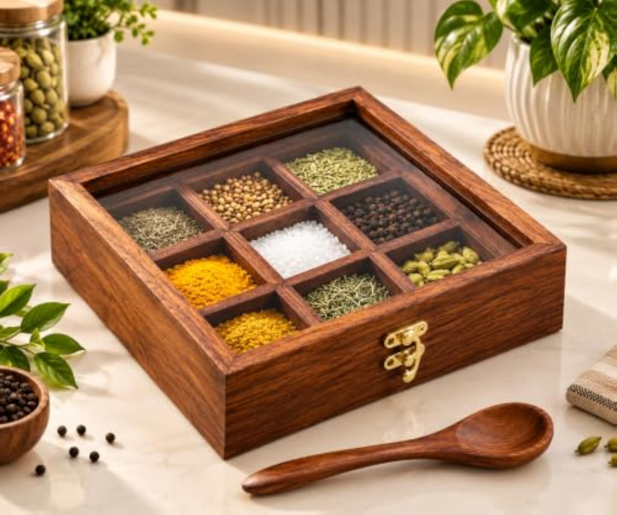 Wooden Masala Box with Transparent Lid and 9 Compartments