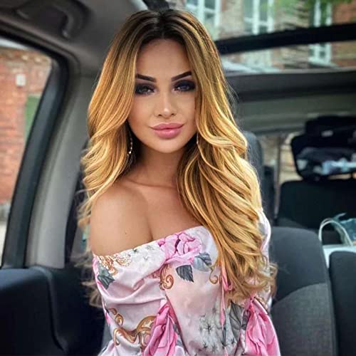 Lativ Long Wavy Wig for Women Body Wave Lace Front Wigs Ombre Blonde Synthetic Hair for Cosplay Daily Party Use