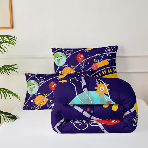 Image of Cartoon Outer Space Theme Comforter Set Queen for Kids,Boys Queen Size Bedding Set Galaxy,Galaxy Quilt Queen Size,with 1 Comforter with 2 Pillow Case