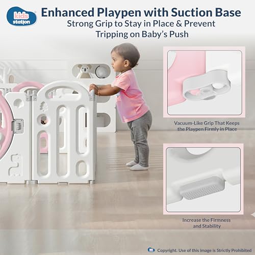 Image of Kids Station Pink Bear Baby Playpen 180 x 200 with Playmat, Basketball Hoop & 20 Balls, Spacious Safety Play Yard for Babies & Toddlers, Indoor /Outdoor Use, Sturdy Frame