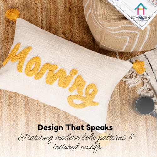 Image of HOMADORN 100% Cotton Text Pattern Handtufted /Embroided Decorative Cushion Cover (12X20 Inches) (1, Morning)