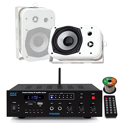 Pyle PFA600BU Compact Bluetooth USB AUX FM Radio Public Address Amplifier Receiver System Combo Bundle with 2X 5.25 400W Max Power Indoor/Outdoor White Waterproof Speakers, 16 Gauge Speaker Wire