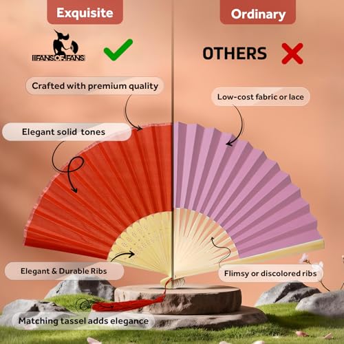 Image of Fabric Handheld Folding Hand Fan With a Tassel Grade A Bamboo Ribs for Women Girls Summer Party Event Favor Birthday Wedding Souvenir Gift (Red)