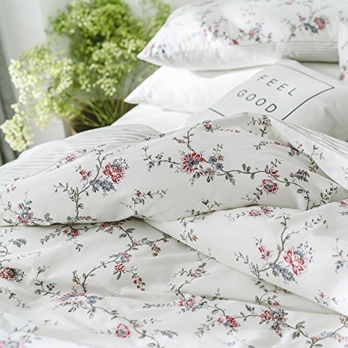 Eikei Cottage Country Style 3 Piece Duvet Cover Set Multicolored Roses Peonies Bouquet 100-Percent Cotton Shabby Chic Reversible Floral Bedding (King, White) #TOP3