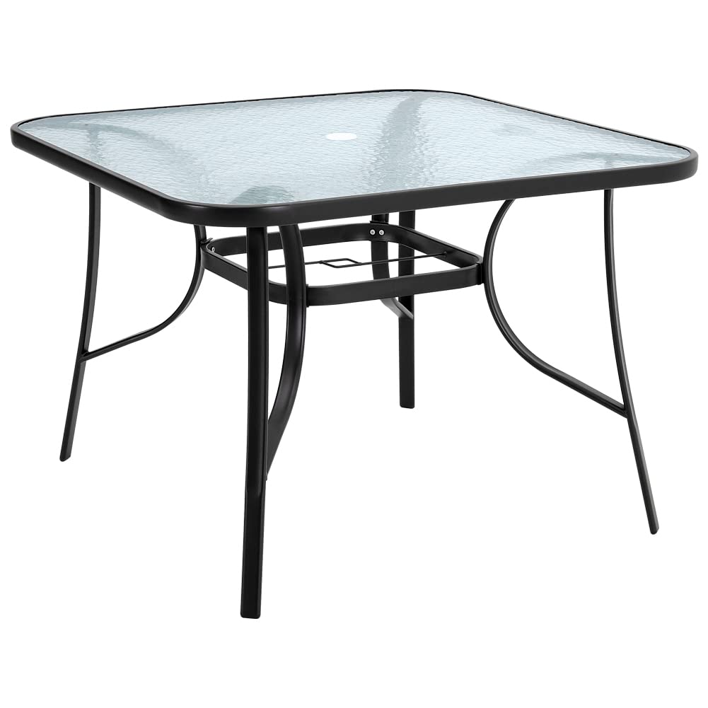 105cm Square Black Outdoor Table with Umbrella Hole, Modern Glass Top for Garden, Patio, Balcony, Backyard